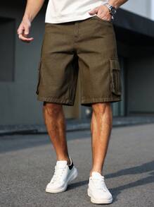 Manfinity Homme 男士纯色牛仔短裤，夏季时尚 - 橄欖綠 - 查看 6