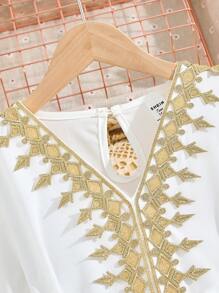 Tween 女童金色蕾丝边 V 领无袖系带休闲连衣裙，春夏 - 白色 - 查看 7