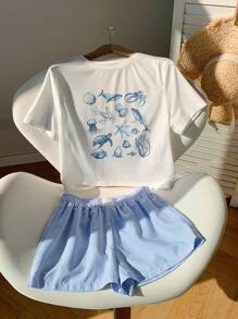 Comfortcana Conjunto casual de 2 piezas con camiseta de manga corta de cuello redondo con estampado de estrella de mar y pantalones cortos a rayas para mujer