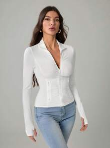 SHEIN Tall Casual Solid Color Long Sleeve Zip-Up Slim Fit Jacket, Tall Women - White - View 1