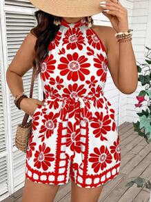 SHEIN VCAY Plus Size Floral All-Over Print Backless Halter Romper - Red - View 5