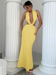 Aloruh Vestido body-con maxi romántico para una cita, con espalda descubierta, escote profundo en V, torsión y plisado, para primavera/verano