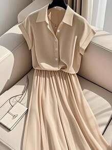 Franclia Elegant Casual Solid Color Turndown Collar Short Sleeve Shirt And Wide Leg Pants 2 Pieces Set For Women