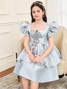 SHEIN Tween Girl Light Blue Floral Jacquard Metallic Thread Wedding Dress,Square Neck Ruffle Sleeve Tiered Princess Dress For Summer Elegant Party Holiday - Baby Blue - View 7