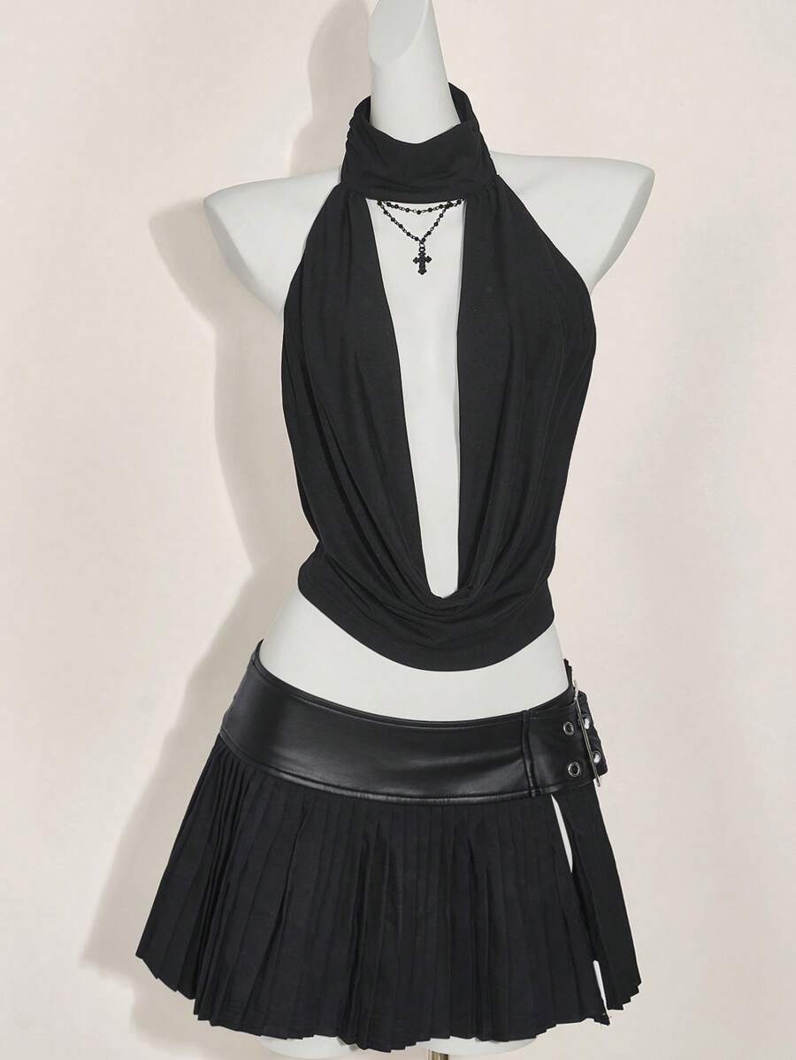 SHEIN ICON 2pcs/Set Neckline Open Back Tank Top & Low Waist Mini Skirt Set - Black - View 1