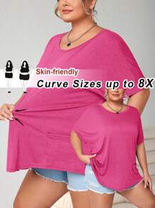 SHEIN CURVE+ Plus Size Crew Neck Colorful Floral Print Bat Wing Sleeve Pocket Patch T-Shirt - Hot Pink - View 1