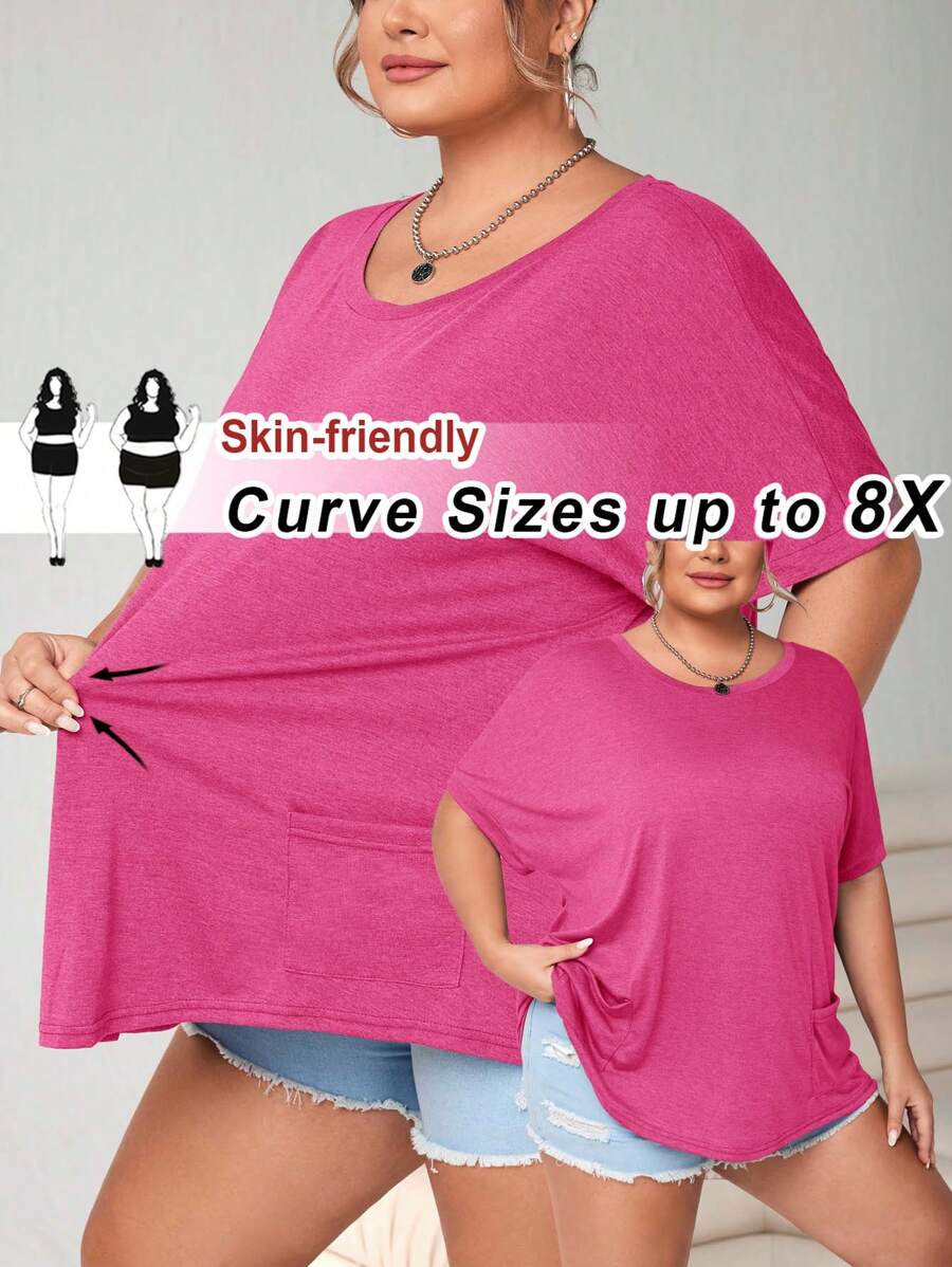SHEIN CURVE+ Plus Size Crew Neck Colorful Floral Print Bat Wing Sleeve Pocket Patch T-Shirt - Hot Pink - View 1