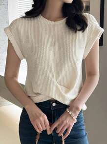 EMERY ROSE Women's Plain Short Sleeve Round Neck T-Shirt, Minimalist Fashion Style Suitable For Summer - Apricot - View 4