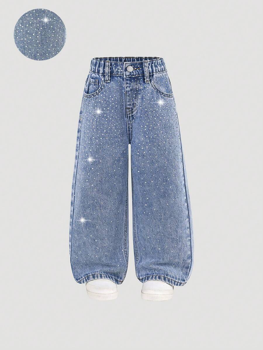 Girls Rhinestone Decor Straight Leg Jeans, Fashionable & Versatile - Medium Wash - View 1