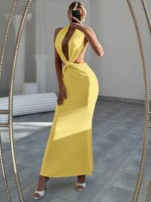 Aloruh Vestido body-con maxi romántico para una cita, con espalda descubierta, escote profundo en V, torsión y plisado, para primavera/verano