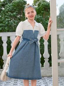 Tween Girls' Collar Ruffled Sleeves Casual Patchwork Denim Dress - Medium Wash - View 4