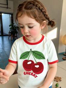SHEIN Young Girl Cherry Pattern Fitted T-Shirt - White - View 2