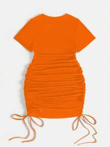 Flirla Plus Size Women Plain Round Neck Short Sleeve Drawstring Waist Dress - Orange - View 2