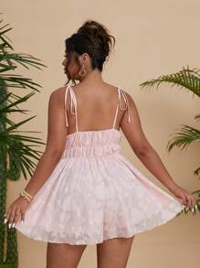 Flirla Plus Size Romantic Transformation Square Collar Camisole High Waist Double Ruffle Cutout Chiffon Jumpsuit - Pink - View 2