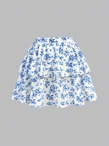 SHEIN Girlism Teenager Mädchen Landurlaub Blau und Weiß florales Puffärmel Set mit Herzausschnitt, gerüschter Vorderseite mit Schleife und geschichteter Lotusblatt Rock, zweiteiliges Set, geeignet für Frühling und Sommer, modisch für Herbst und Winter als Innenwäsche, Muster für Urlaubszeit, süß und niedlich