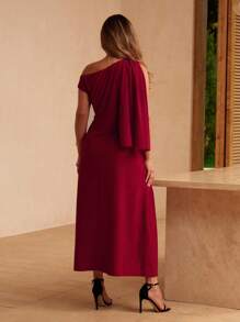 Flirla Plus Size Women Elegant Solid Color Off Shoulder Side Slit Ruffle Dress