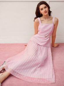 MOTF PREMIUM VESTIDO DE MALLA CONTRASTANTE CON CINTURÓN - Rosa - Ver 5