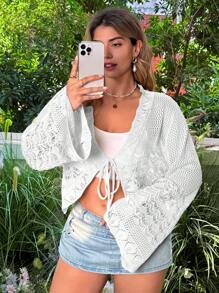 SHEIN SunnyBelle Plus Size Solid Color Fashionable Tie-Up Bow Knot Shell Edge Short Cocoon Crochet Mesh Beach Cover-Up Cardigan, Flare Sleeve Fall Winter Cloth For Women