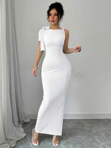 Rafferiza Sexy Form-Fitting Asymmetric Neck Left Shoulder Twist Right Shoulder Ribbon Ribbed Light Blue Women Long Dress - White - View 7