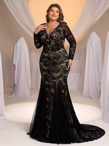 SHEIN Belle Plus Size Elegant Luxurious Lace V-Neck Long Sleeve Flared Stretchy Lace & Sheer Mesh Inset Sexy Backless Mermaid Maxi Dress, Suitable For Weddings, Parties, Holidays, Graduation, Bride - Black - View 3