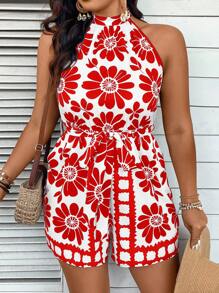 SHEIN VCAY Plus Size Floral All-Over Print Backless Halter Romper - Red - View 6