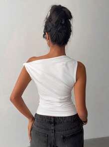 Women Solid Color Pleated Asymmetric Collar Slim Fit Casual Blouse - White - View 2