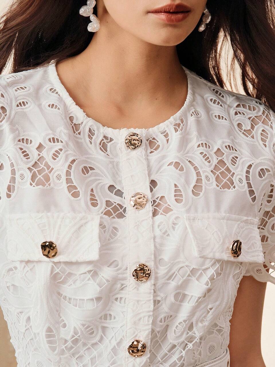 All White, Elegant Wedding Guest Dress With Crochet Lace, Single-Breasted Cinched Waist Decor, Round Neck Dress For Spring/Summer Occasion