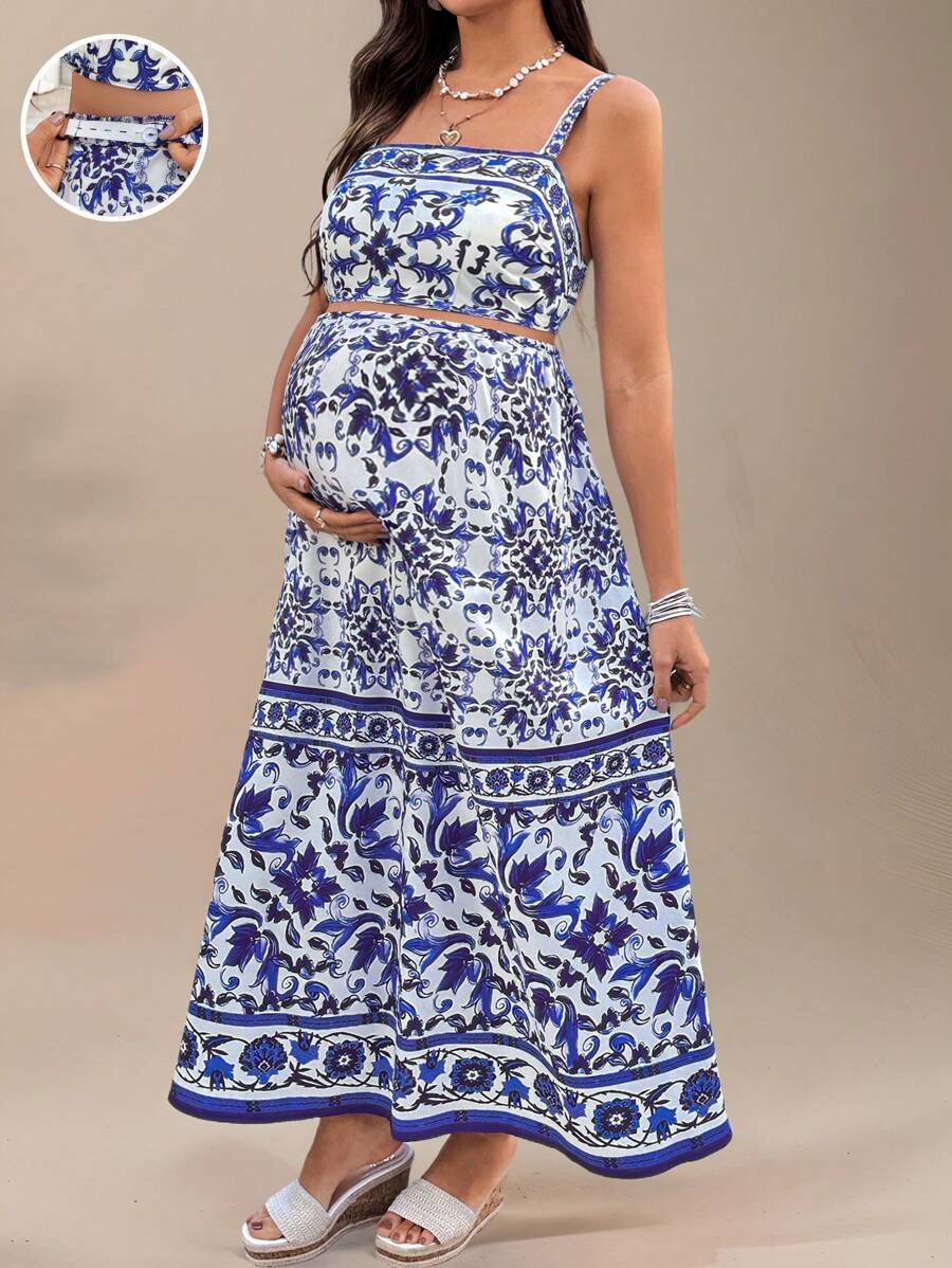 SHEIN 2件套孕妇度假休闲印花吊带上衣和裙子套装