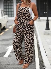 SHEIN PETITE Plus Size Women Leopard Print Double Pocket Casual Bib Overall Jumpsuit