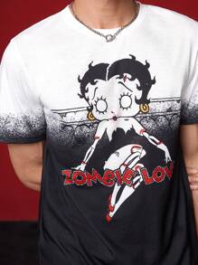 Betty Boop x SHEIN Conjunto de camiseta de manga corta y pantalones cortos de verano casuales para hombre con figura de dibujos animados y gráfico de letras