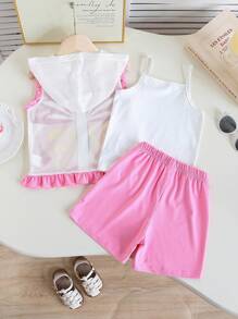 SHEIN Young Girl Butterfly Print Zip-Up Hooded Vest, Camisole And Shorts 2 Pieces Set, Casual Outfit - Multicolor - View 2