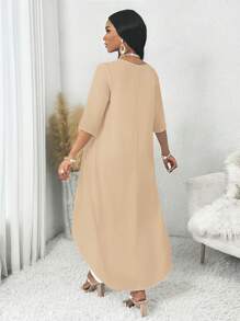 SHEIN Lady Conjunto casual de talla grande de mujer con top de cuello redondo y mangas 3/4 con bajo asimétrico y pantalones de unicolor