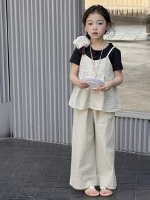 DAZY Young Girl Fall Clothes Girls (Small) T-Shirt Short Sleeve + Striped Camisole Casual Straight Leg Striped Long Pants 3 PiecesSet - White - View 6