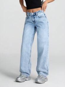 EURMUSE 低腰雪花洗宽松直筒牛仔裤 - 中等水洗藍 - 查看 5