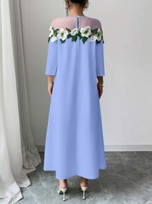 Elenzga Women Floral Applique Decor Mesh Splice Round Neck Dress - Baby Blue - View 2