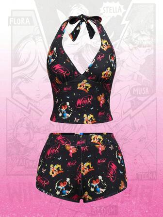 Winx Club X ROMWE Set di 2 pezzi composto da top smanicato con scollo ad aletta e pantaloncini con stampa a cartoni animati per donne