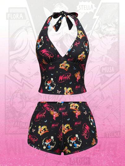 Winx Club X ROMWE Set di 2 pezzi composto da top smanicato con scollo ad aletta e pantaloncini con stampa a cartoni animati per donne