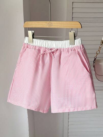 SHEIN Tween Girls' Loose Casual Patchwork Colorblock Waistband Striped Relaxed Shorts