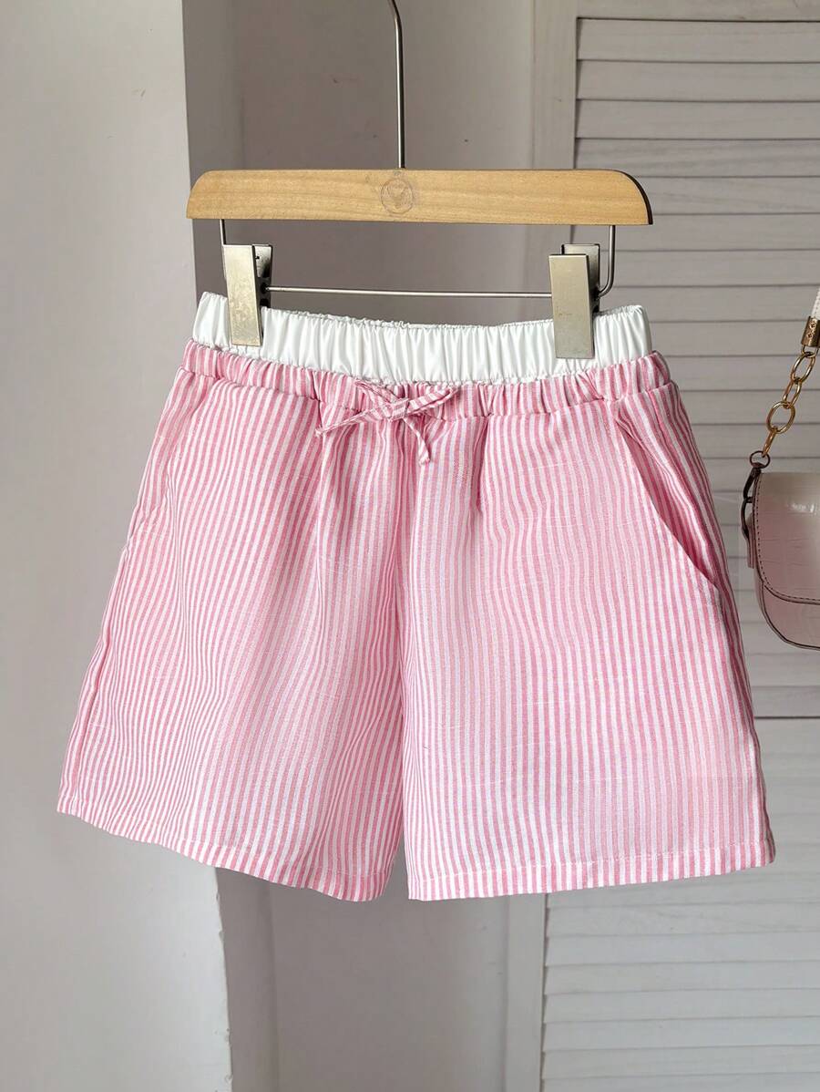 SHEIN Tween Girls' Loose Casual Patchwork Colorblock Waistband Striped Relaxed Shorts - Baby Pink - View 1