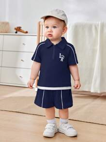 Cozy Pixies 2pcs/Set Baby Boy Color Block Polo Collar Short Sleeve Top And Elastic Waist Shorts Set