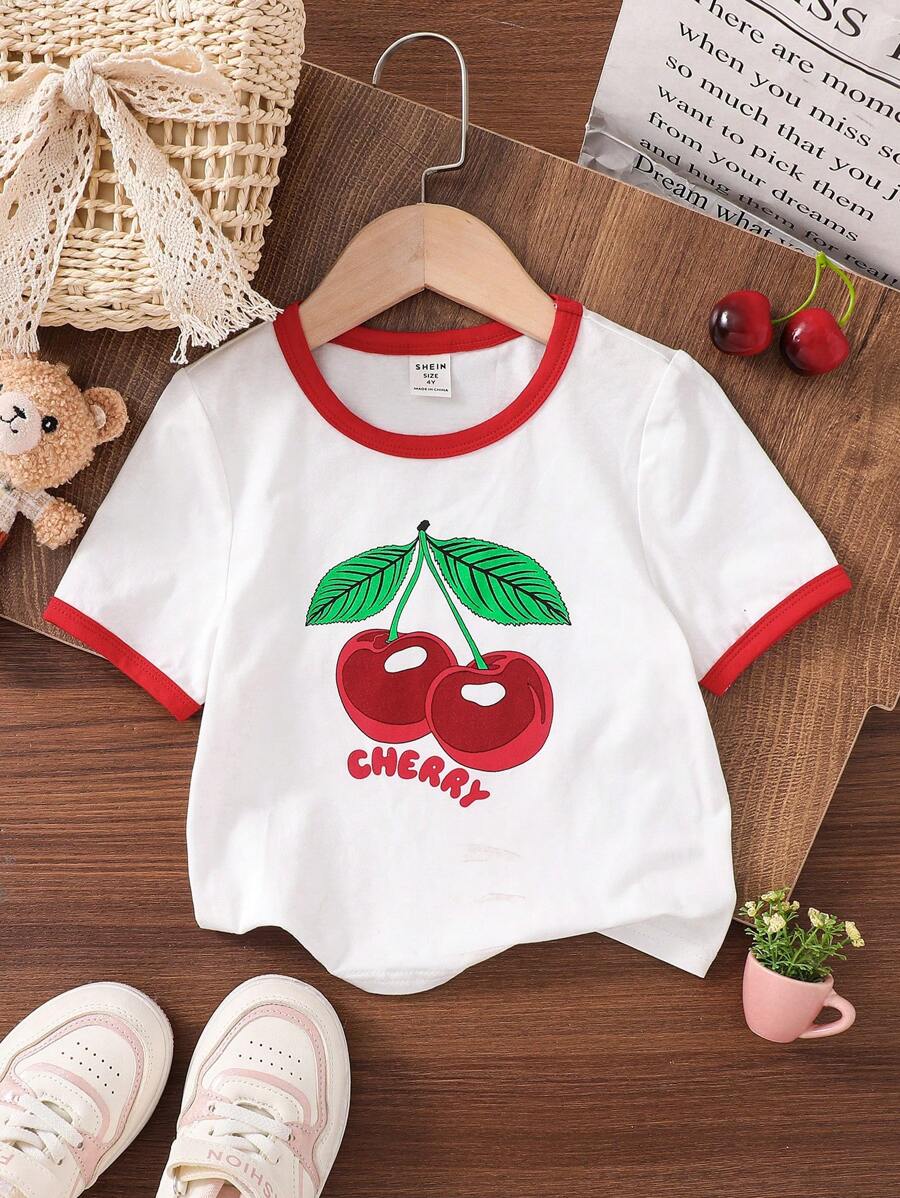SHEIN Young Girl Cherry Pattern Fitted T-Shirt - White - View 1