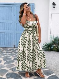 SHEIN Clasi Plus Size Women Green Tie-Waist Bowknot Slimming A-Line Strap Casual Dress