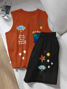 Claim Dot 男士口号印花圆领休闲背心和短裤套装 - 彩色 - 查看 3