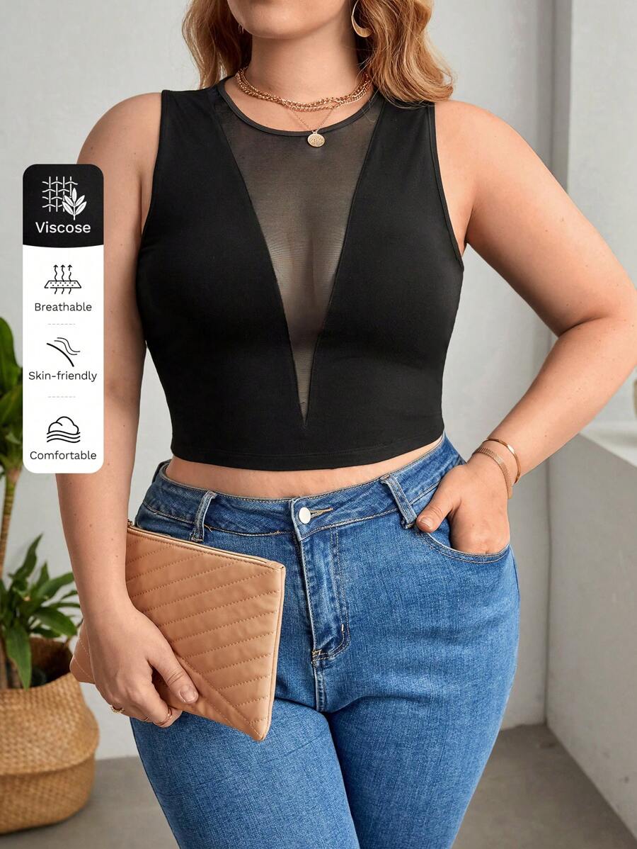SHEIN Privé Áo hai dây Plus Size Tương phản Mesh cắt màu trơn Gợi cảm - màu đen - Xem 1