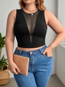 SHEIN Privé Áo hai dây Plus Size Tương phản Mesh cắt màu trơn Gợi cảm - màu đen - Xem 6
