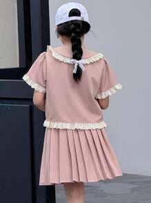DAZY Tween 女童纯色彼得潘领衬衫和 A 字裙两件套，女童夏季服装，返校服装 - 粉色 - 查看 6