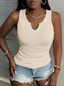 Slaydiva Simple Casual Basic Daily Sleeveless Notched Neck, Side Ruched, Short Sleeve, Regular Ribbed Stretch White Fitted Tank Top For Women - Apricot - View 6