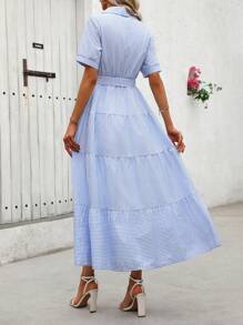 SHEIN PETITE Women's Casual Vacation Blue Striped Polo Collar Short Sleeve Self-Tie Belt Maxi Swing Dress