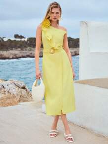 MOTF PREMIUM WOMEN'S LINEN STEREO FLORAL RUFFLED HEM ONE SHOULDER MIDI DRESS, SUMMER VACATION - Yellow - View 1