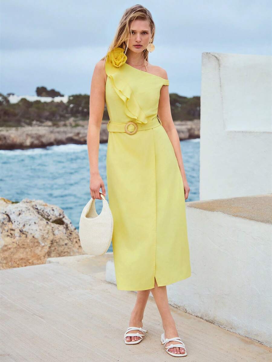 MOTF PREMIUM WOMEN'S LINEN STEREO FLORAL RUFFLED HEM ONE SHOULDER MIDI DRESS, SUMMER VACATION - Yellow - View 1